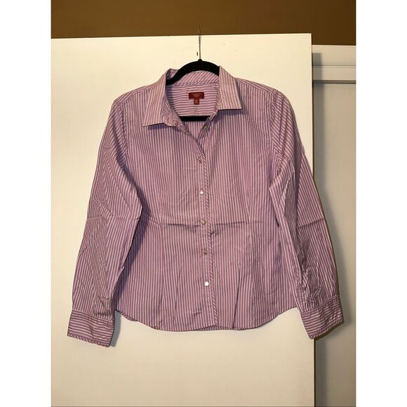 Talbots 16P Striped Collared Long Sleeve Blouse Button Down Purple White Flaw - Picture 2 of 12